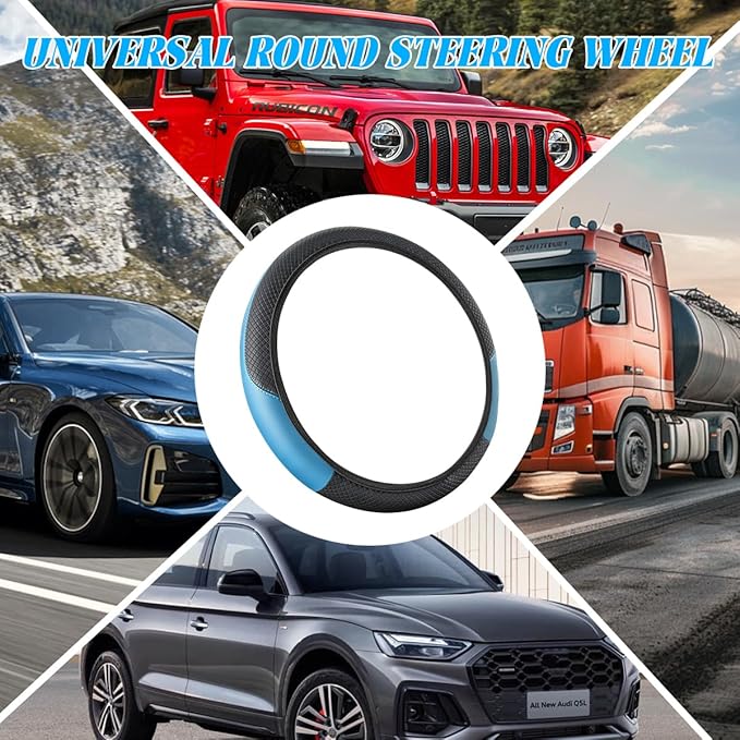 Car Steering Wheel Cover, Elastic Stretch Leather Non-Slip Vehicle Steering Wheel Guard, Automotive Interior Protective Decor Accessories, Universal for SUV RV Truck (Black/Blue)