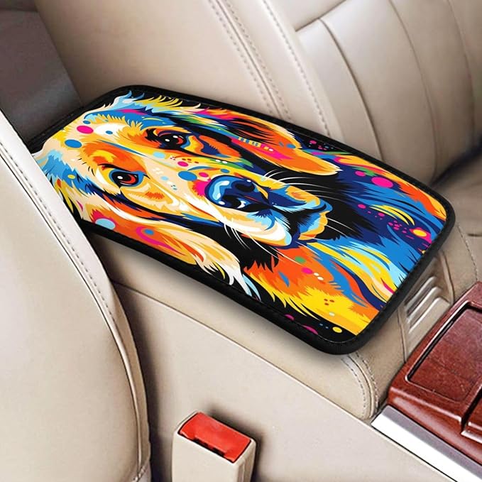 Graffiti Colorful Golden Retriever Dog Car Handrail Box Cushion Armrest Cover Auto Center Console Pad Car Decor 12.6X7.5 in
