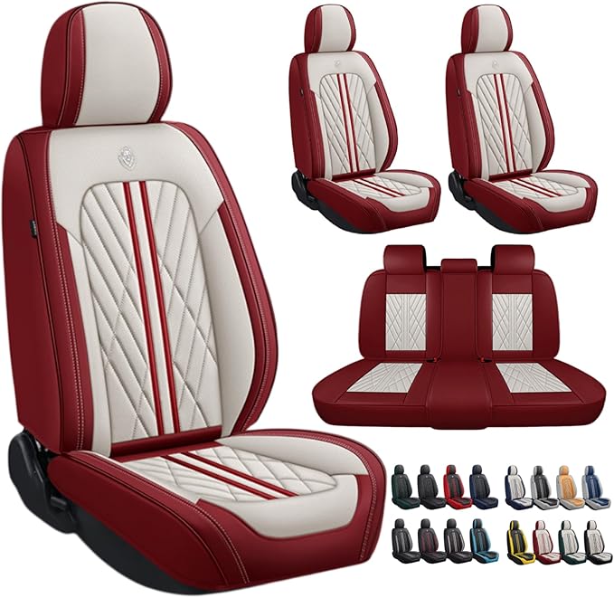 Premium Nappa Leatherette Car Seat Cover Set Custom Fit for Honda CR-V CRV 2000-2023 2024 2025 2026 Water-Proof Breathable Faux Leather Seat Cushion Protectors (Full Set 5 Seats,Beige Red)