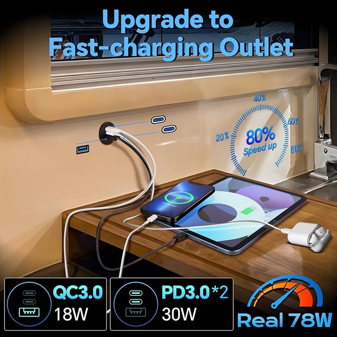 Acegoo 78W 12V USB Outlet, Dual 30W PD3.0 Type-C & 18W QC3.0 Aluminum Car Charger Socket, Multi Port Fast Charging Replacement Socket Accessories for RV Camper Trailer Truck Boat (1 Pcs)