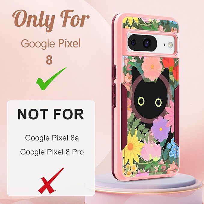 for Google Pixel 8 Case 6.2 Inch - Compatible with MagSafe Women Girls Cute Magnetic Protective Cover Girly Cat Flower Floral Heavy Duty Shockproof Design for Google Pixel 8 Phone Cases