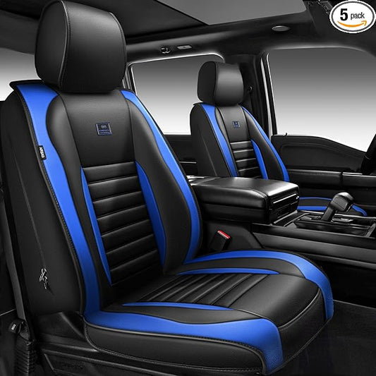 CAR PASS Nappa Leather Car Seat Covers Full Set, Luxury Seat Protector for Cars, Waterproof Anti-Slip Seat Cushion Armrest Compatible Airbag Universal for Sedan SUV Pick-up Truck Auto, Black Blue