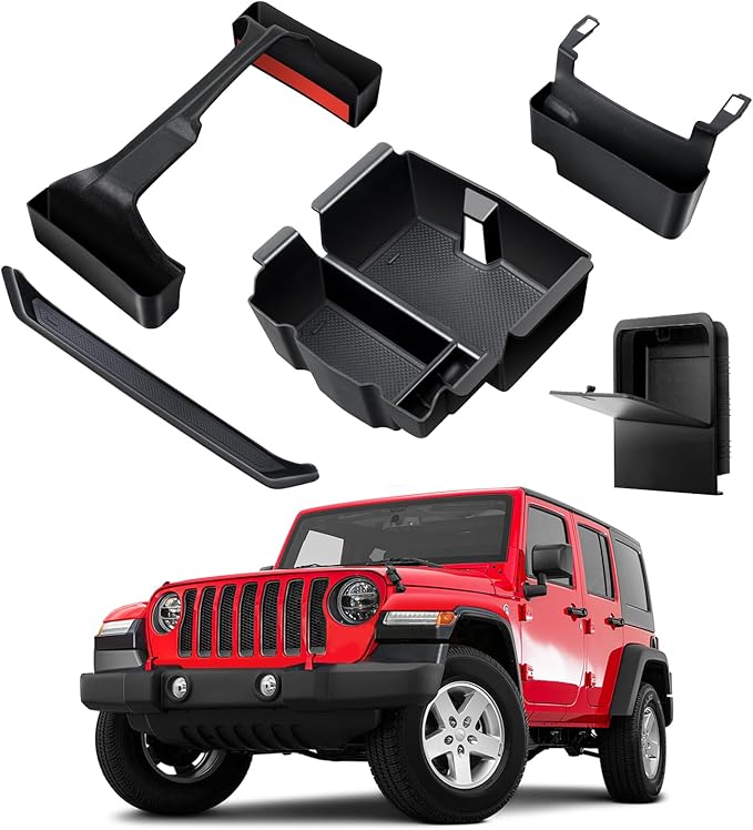 BANKKY 5PCS Center Console Organizer for 2024 2025 Jeep Wrangler JL JLU 4XE and Gladiator JT Accessories, Gear Shift Storage Tray, Hanging Storage Box, Armrest Hidden Box, Passenger Side Grab Bar Tray