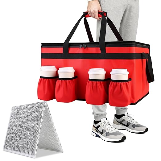 CIVJET Insulated Food Delivery Bag with 4 Cup Holder and Bottom Support, XX-Large Insulated Grocery Bags Keep Food Hot/Cold, Cooler Bags with Drink Carrier, Food Carrier Catering Bag for Events, Red