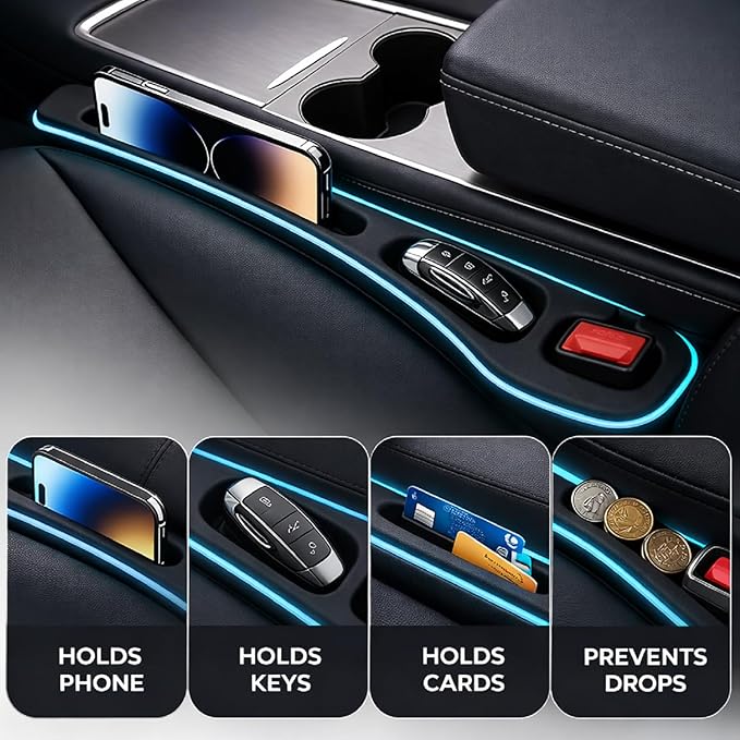 Seat Gap Filler 2 Pack, Car Seat Gap Plug with Storage Slot for Phone & Keys, High-Density Elastic Car Slot Organizer for Most Cars, SUVs, and Trucks - Black