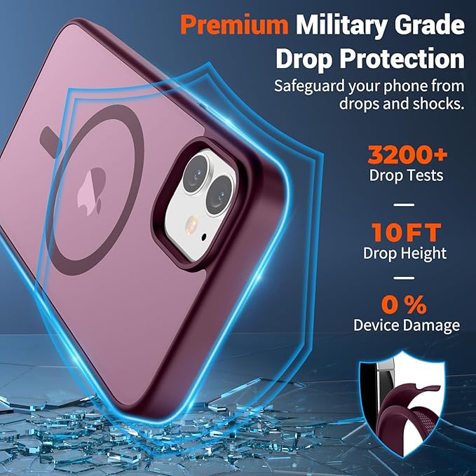 SUPFINE Magnetic for iPhone 12 Mini Case & iPhone 13 Mini Case with Screen Protector (Compatible with MagSafe) (Military Grade Drop Protection) Translucent Matte Shockproof Phone Cover,Wine Red