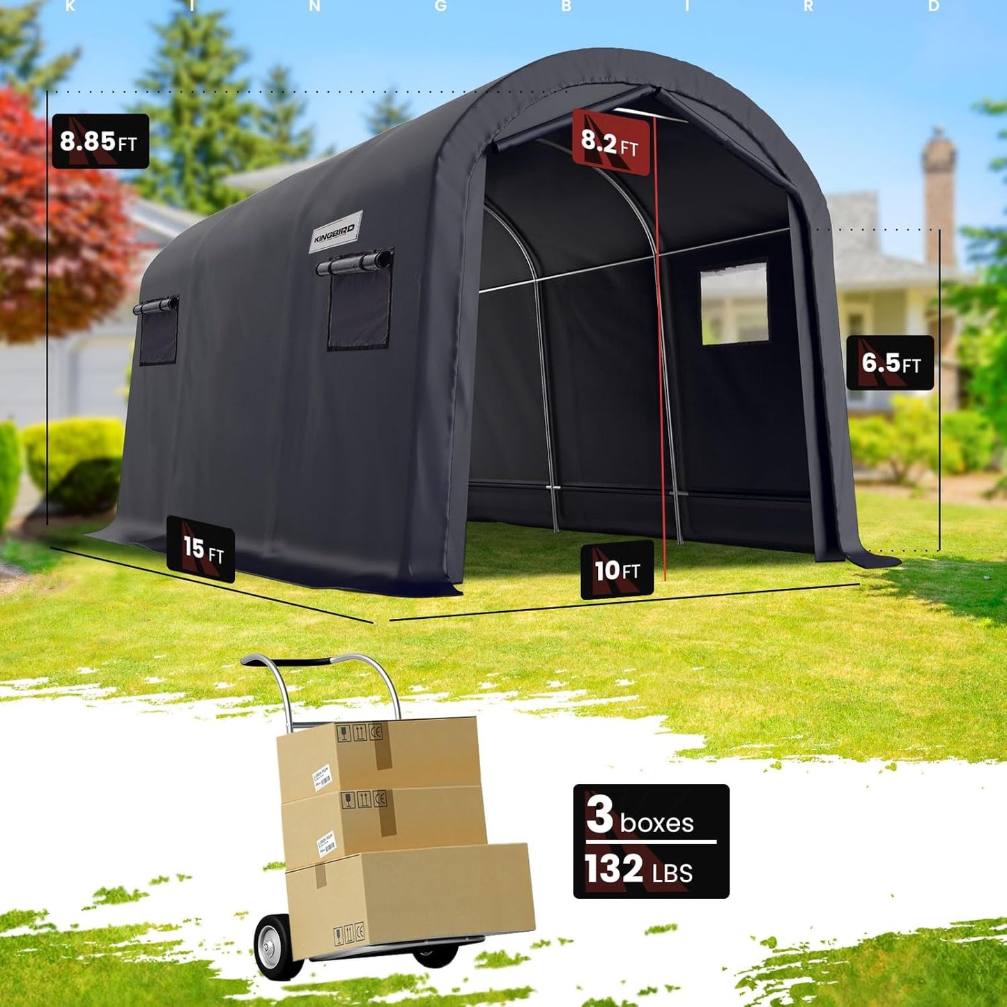 KING BIRD 10' x 15' Heavy Duty Round Style Carport with Roll-up Ventilated Windows Car Tent Carport Tent Outdoor Instant Garage Car Canopy with Reinforced Ground Bars