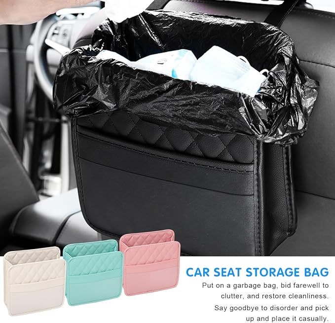 Mandark Car Seat Back Organizer, PU Leather Vehicle Backseat Hanging Storage Pocket, Multipurpose Auto Travel Essentials Accessories for Kids & Adults, Universal for Most Cars (Beige)