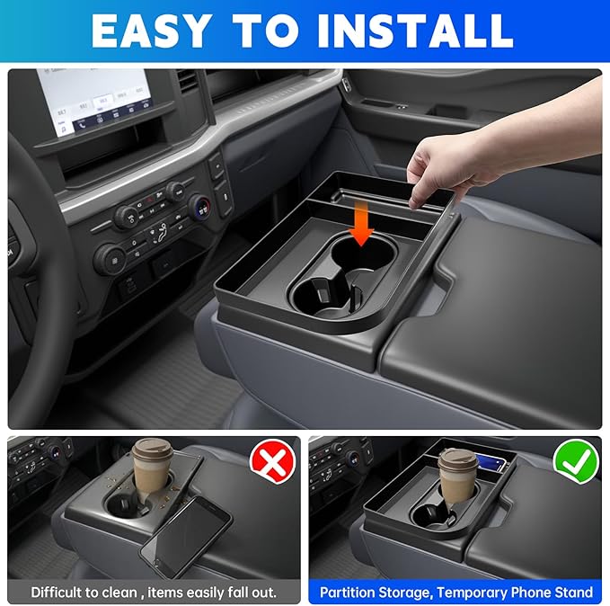 Console Organizer Tray Cup Holder Fits for 2021-2025 Ford F150 & 2023-2026 F250 F350 F450 F550 40/20/40 Jump Seat Center Console Storage Cup Holder Insert for F-Series Super Duty Accessories