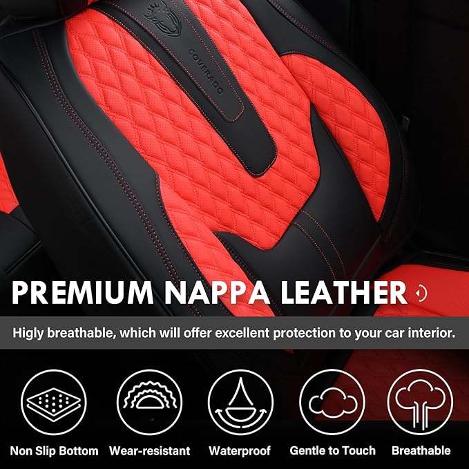 Coverado Car Seat Covers Full Set, 5 Seat Leather Seat Covers for Cars, Car Seat Protector with Lumbar Support, Waterproof Seat Covers Universal Fit for Most Cars SUV Trucks (Red&Black)