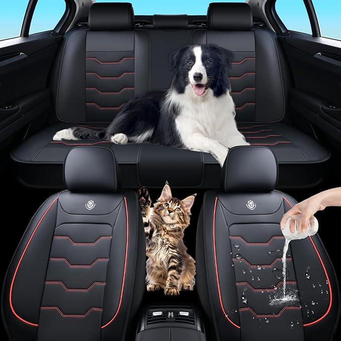 Universal Car Seat Covers, Black, Waterproof Faux Leather, Full 5-Seat Set, Non-slip, Contoured Fit, Suitable for Suvs, Sedans, Pickups, Upgraded Protection for Car Interiors, Airbag Compatible