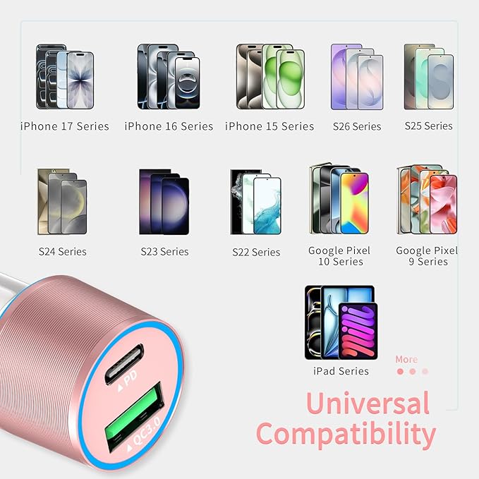67.5W Pink Car Charger USB C Super Fast Charging, 45W USBC&QC3.0 Port Plug for iPhone 17 Pro Max/Air/16/15/iPad, Samsung S26 Android Cell Phone, Dual 12V Cigarette Lighter Adapter+3.3 ft Type C Cable