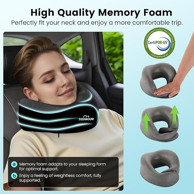 Travel Pillow Neck Pillow for Airplane Travel Essentials - Memory Foam Travel Neck Pillow, Stops Head Bobbing With Eye Mask & Earplugs, Portable Carry Bag for Long Flights| Airplane Accessories Black