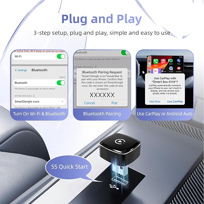 LEXXSON Wireless CarPlay Adapter for iPhone, Plug and Play, Fast and Stable Connection 2 in 1 Android Auto Wireless Adapter for CarPlay＆Android