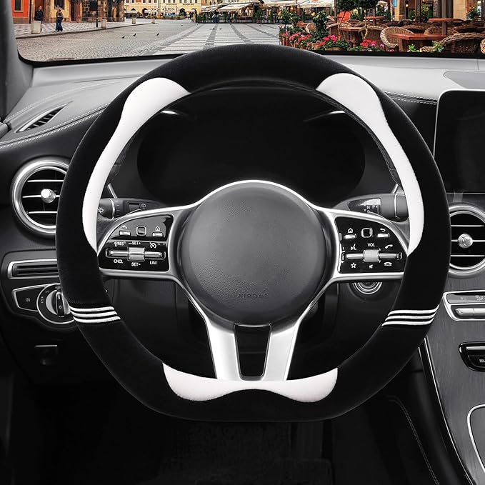 Furry Cute D Shaped Steering Wheel Cover, Soft Fluffy Short Plush Auto Accessories, Non-Slip Cold-Proof Sweat-Proof Colorfast, Universal 15 inch(Black with White)