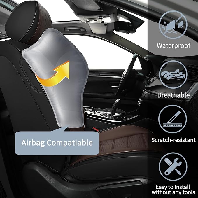 Front Car Seat Covers, 2Pcs Universal Leather Car Seat Covers, Full Coverage Waterproof Automotive Seat Covers, Breathable Car Seat Protector for Most Trucks SUVs Sedans, Black&Brown