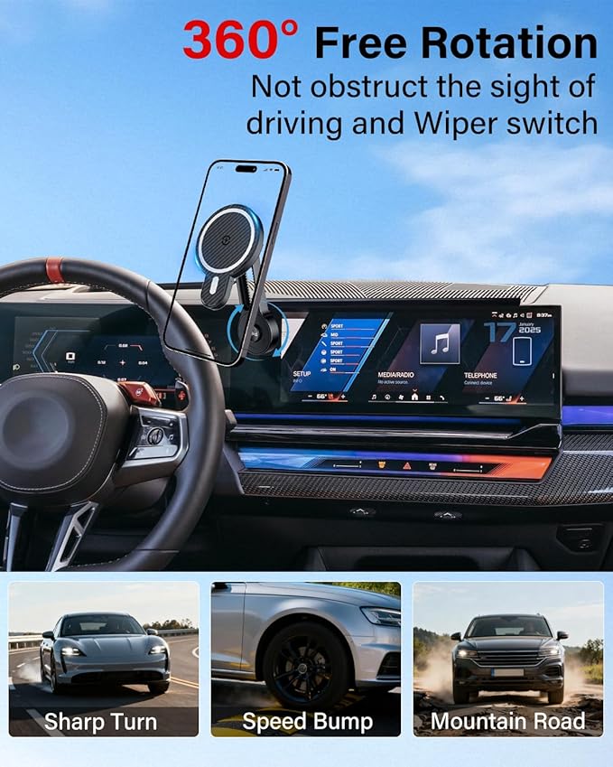 PZK Car Phone Mount for 2024-2026 BMW X5 /BMW X6 /2023 2024 2025 2026 BMW X7 Accessories Custom 14.9-inch Screen Magnetic 15W Fast Wireless Charger Car Phone Holder with 360° Rotating Extension Rod