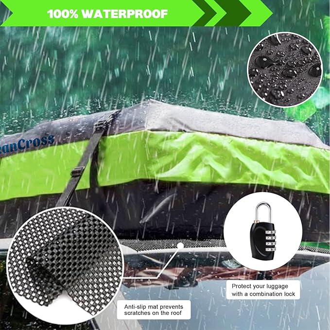 OceanCross Car Rooftop Cargo Carrier Bag, Green Rooftop top Cargo Carrier Bag 15 Cubic feet Waterproof for All Cars with/Without Rack, Includes Anti-Slip Mat, 8 Reinforcement Straps, Luggage Lock