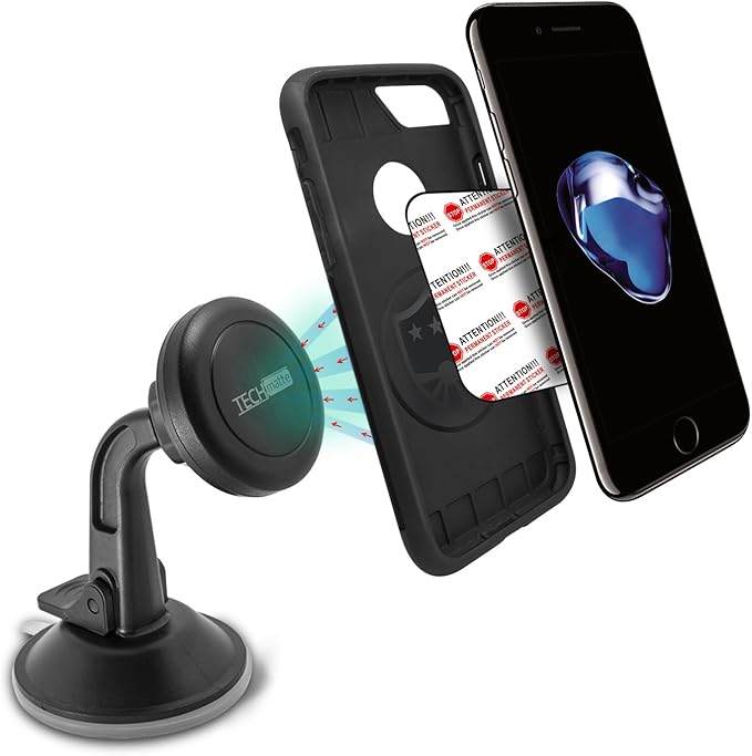 TechMatte Car Phone Mount Magnetic-Dashboard Mounted Car Phone Holder-Universal Smartphone Compatibility with Strong Magnetic Technology (Black), Portable Electronic Device Mount
