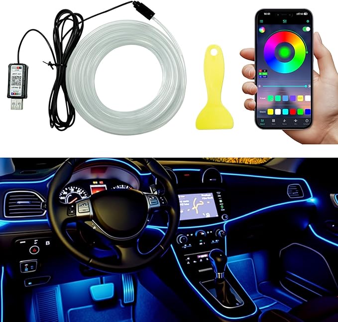Interior Car LED Strip Lights, 5M 16FT Ambient Lighting Kits, Button Switch & APP Bluetooth Control, Music Sync Fiber Optic Cars Interior Neon Light Strip, USB 5V for Car Inside Decoration