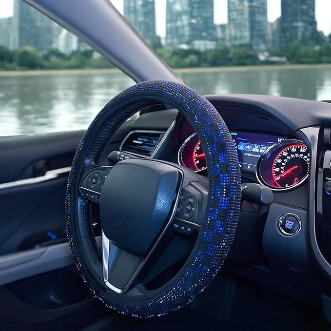 Lord AutoFashion Luxury Universal Steering Wheel Cover 15 Inch Rhinestone Crystals Velour Anti-Slip for Women Girls Men Boys Car Accessory Bling Diamonds (Black/Blue JX08)