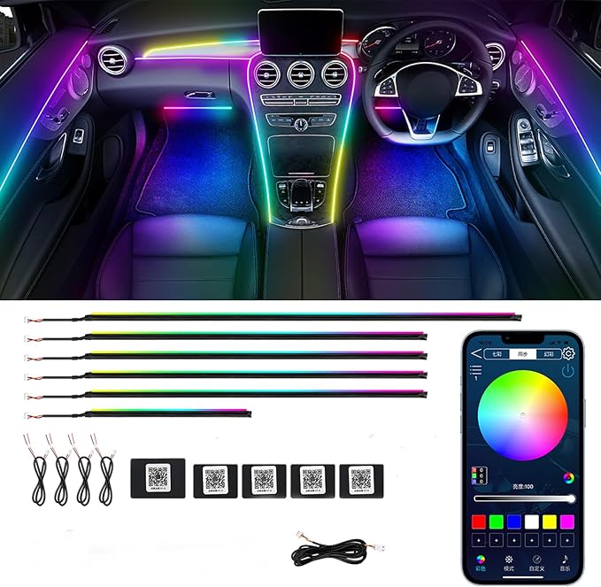 Dreamcolor Acrylic Interior Car LED Strip Lights, Car Ambient Lighting Kit with APP Control, Decorative Lights with Dynamic Chasing Sync to Music, RGB Neon Lighting (6 in 1)