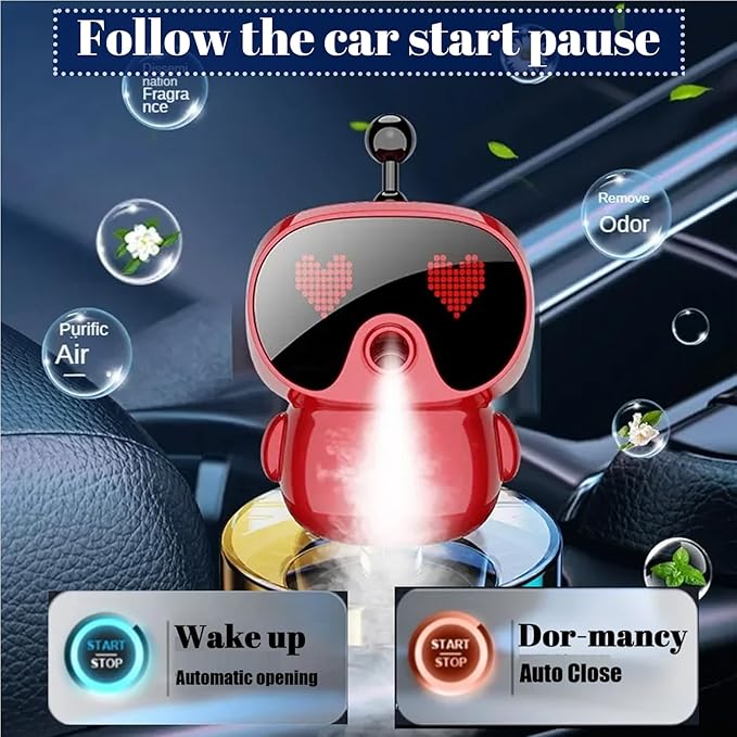 Robot Intelligent Aromatherapy Machine, Smart Cute Robot Car Air Freshener, Fine Spray/Fillable/Four-Gear Adjustment/Vibration Sensing/On-Off/Large Capacity Long-Lasting Fragrance/V1 (Red, Hilton)