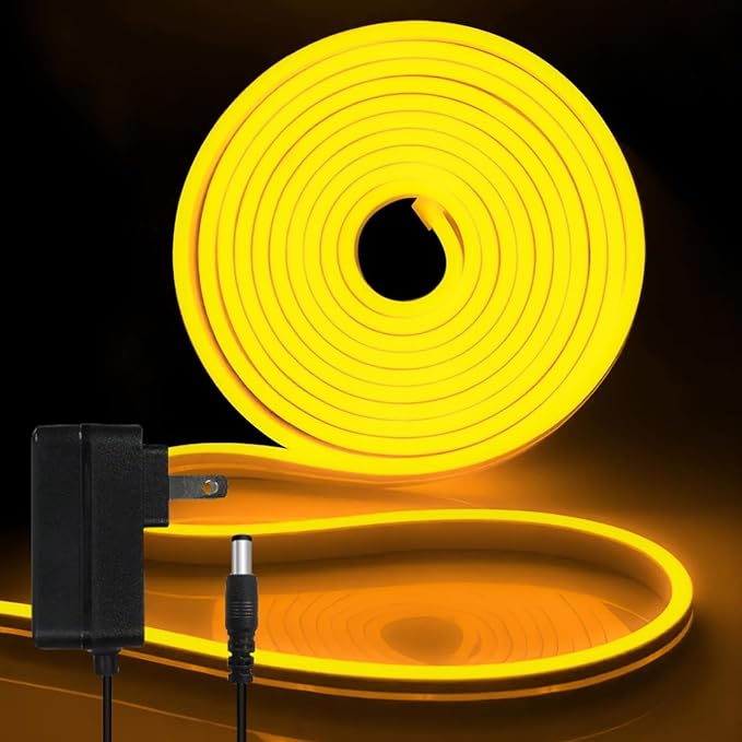 iNextStation Yellow Led Strip Lights, 16.4Ft/5m Neon Led Light Strip with Power Adapter, 12V Waterproof Silicone Flex LED Rope Lights for Bedroom Wall Festival Party Neon Sign DIY Decor