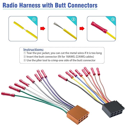 Car Radio Stereo Wiring Harness Adapter,16Pin ISO Radio Wire Harness with Butt Connector Replacement Cable for Aftermarket Car CD DVD Head Unit Player