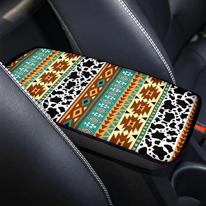 Dreaweet Aztec Cow Print Car Center Console Cushion Pad,Soft Car Armrest Seat Box Cover Protector Universal Fit for Most Cars SUV Trucks