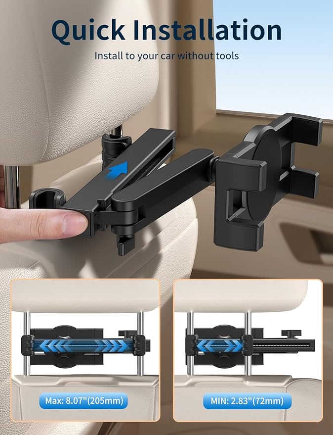 bokilino Tablet Holder for Car Headrest, [3 in 1 Adjustable Extension Arm] iPad Car Mount for Back Seat, Road Trip Essentials for Kids, for 4.7-12.9" Like iPad Pro, Air, Mini, Galaxy, Fire HD Tablet