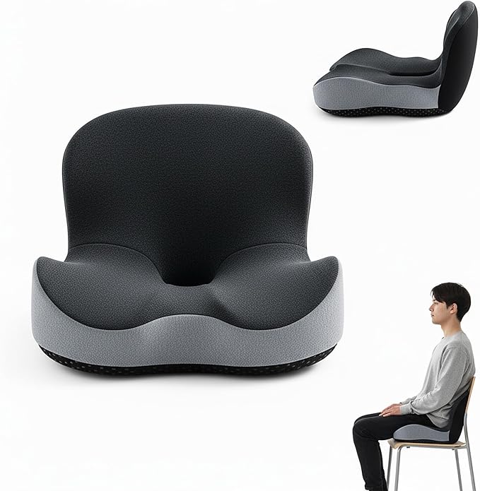 Memory Foam Seat Cushion, L-Shaped Ergonomic Office Chair Cushion for All-Day Sitting Comfort, Relieving Back & Tailbone Pain, Supportive Seat Cushions for Office Desk Gaming (Black Gray)