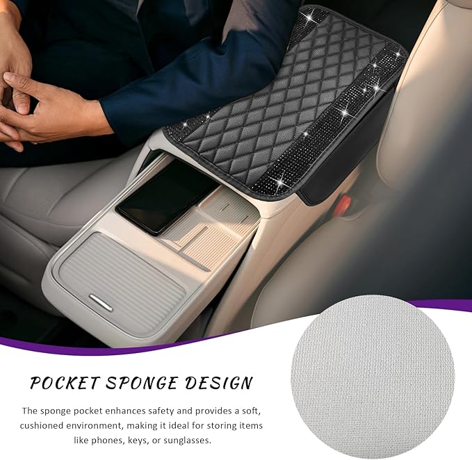 Sun Walker Bling Car Center Console Cover, Anti-Scratch Car Armrest Seat Box Cushion Pad with 2 Storage Bags, Leather Middle Console Protector Crystal Interior Accessories for Most Cars (Black)