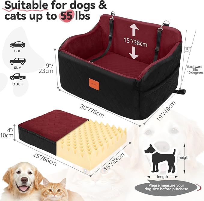 Dog Car Seat for Medium/Large Dogs, Memory Foam Pet Booster Seat for Under 55 lbs or 2 Small Dogs, Detachable Dog Car Bed for Backseat with 2 Safety Leashes and Pockets (Black/Red, Large)
