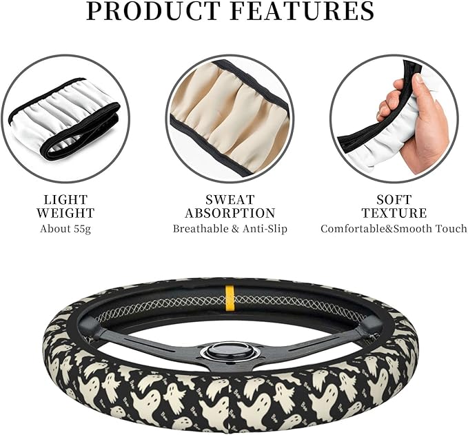 Ghost Pattern Steering Wheel Cover Universal 15 Inch Cute Car Accessories Protector for Women Men