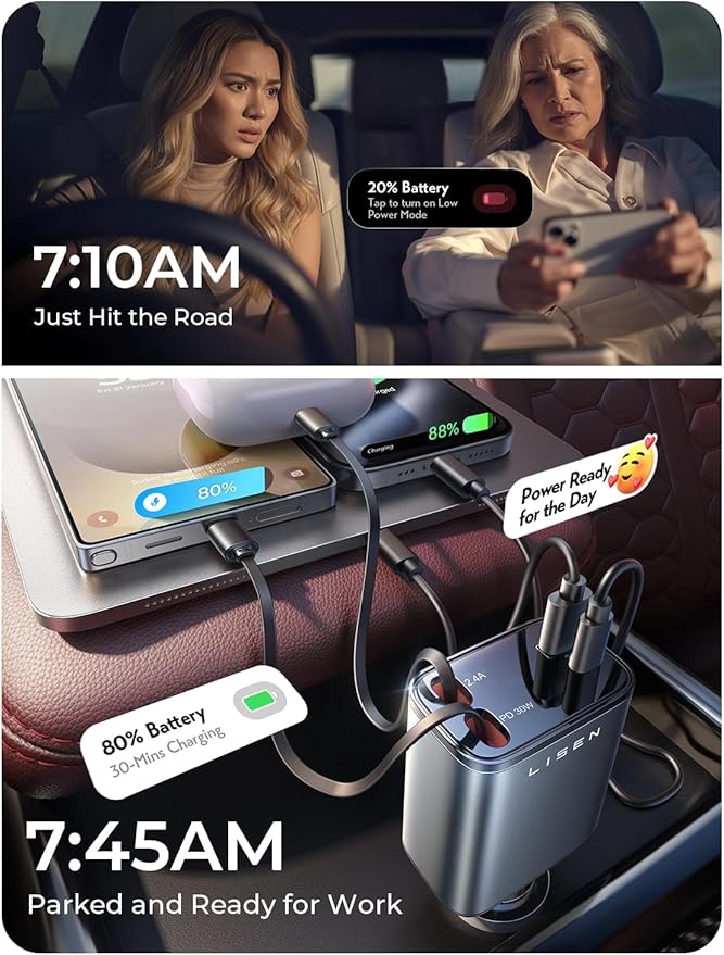 LISEN Long Retractable Car Charger 4 in 1 (47.2in Cable), USB C Car Charger for Truck/Jeep Drivers, Light Truck Jeep Accessories Fast Charging for iPhone 17 16 15 14 13 12 11 Series, Samsung S26 S25