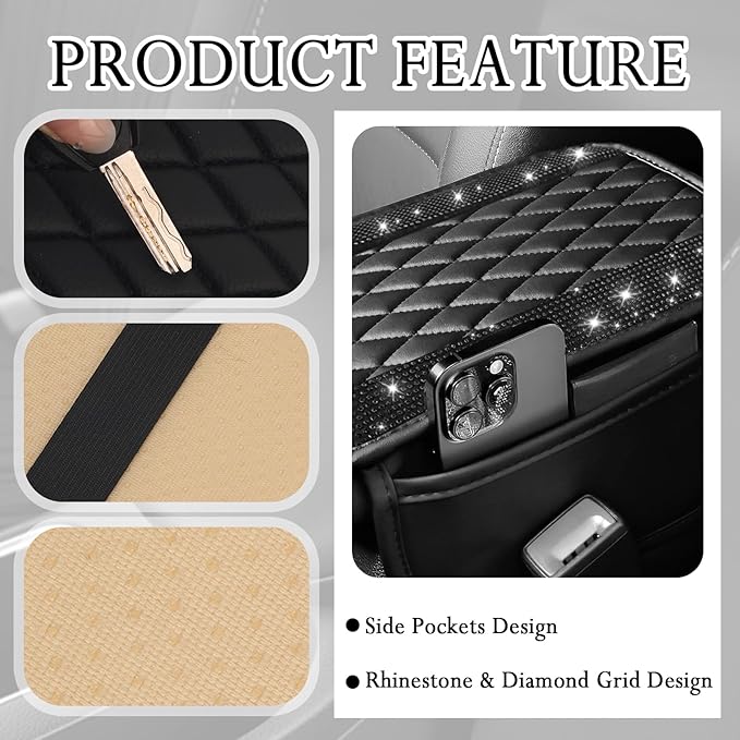 Car Center Console Cover with Diamond Grid Design,Bling Armrest Cover Cushion with 2 Storage Bags,Soft Leather Arm Rest Cover for Car Interior Accessories (Black + Black)