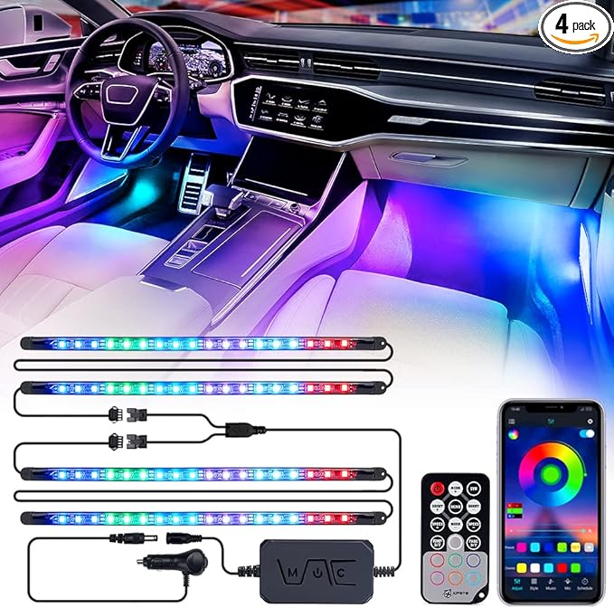 Xprite Dreamcolor LED Neon Car Interior Bluetooth Lights Strip with Remote & APP Control, Footwell Under Dash RGB Chasing Inside Light Kits, Cigarette Adapter for Vehicle Internal Trucks SUV UTV ATV