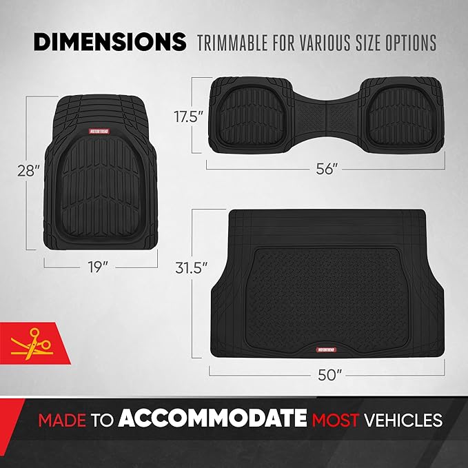 Motor Trend FlexTough 4-Piece Heavy Duty Floor Mats for Cars Trucks SUVs, Automotive Floor Mats Car Mats Full Set Front, Rear & Cargo, Trim-To-Fit Semi-Custom Deep Dish All Weather Rubber Mats - Black