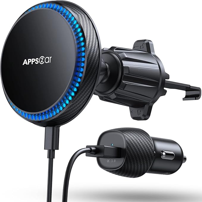 APPS2Car Wireless Car Charger with 15W Fast Charging for Magsafe Car Vent Mount - Only Compatible with iPhone 16/15/14/Magsafe Series Phones, Equipped with 3200RPM Cooling Fan System
