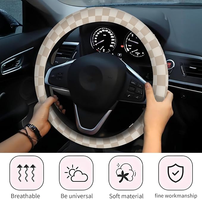 Car Steering Wheel Cover, Universal 15 Inch Neoprene Non-Slip Steering Wheel Covers, Funny Car Accessories for Women Men Fit Auto, Suvs, Truck Cute Beige Checkerboard