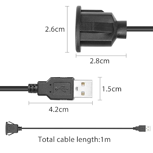 YACSEJAO USB Flush Mount Cable USB 2.0 Dashboard Panel Dash Mount Extension Cable with Buckle for Car Truck Boat Motorcycle Dashboard, 1m