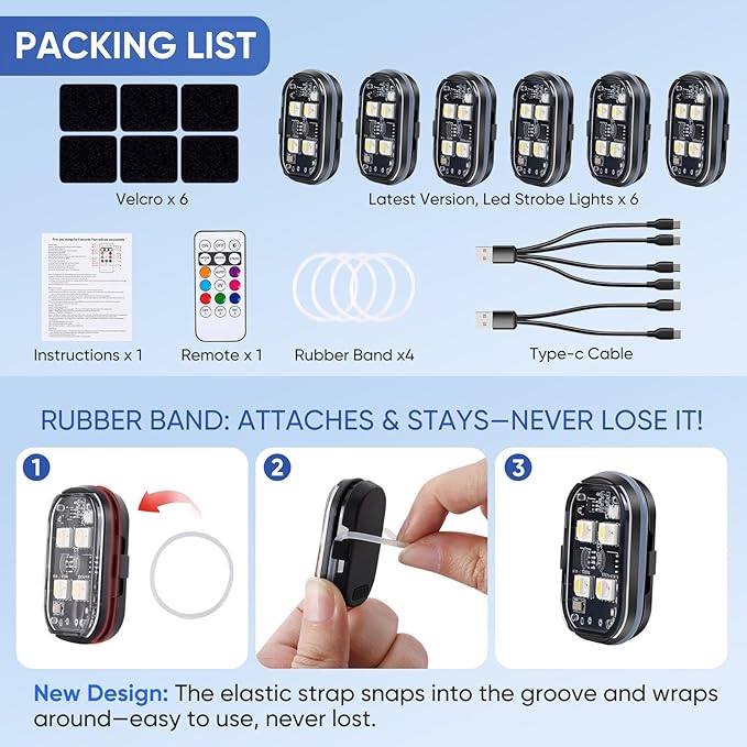 Upgraded 4LEDs 6PCS Wireless LED Strobe Lights with Remote Control, 8 Colors Type-C Rechargeable Led Lights Anti Collision Warning Light for Car Motorcycle Bike Drone Aircraft