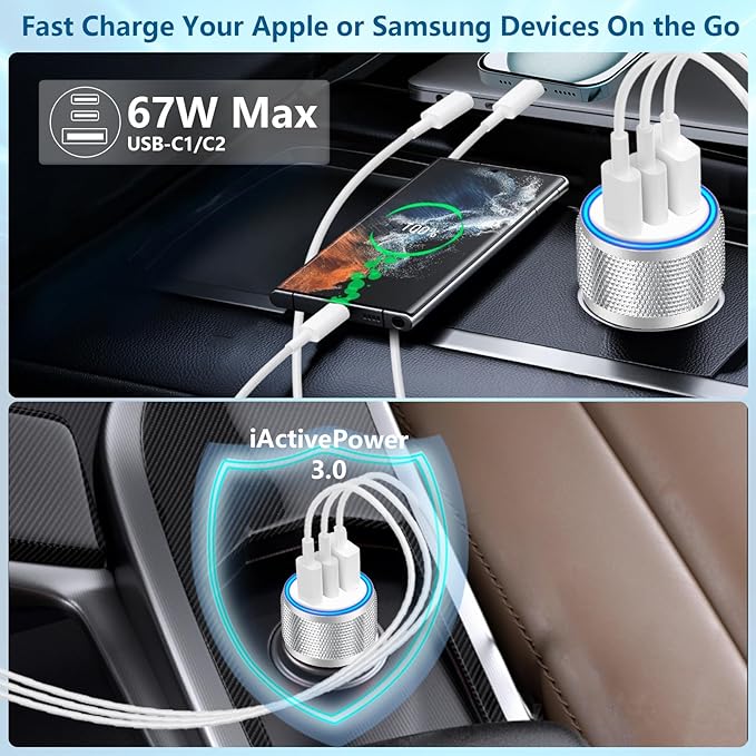 [Apple MFi Certified] iPhone 17 Car Charger, KYOHAYA 3-Port 67W PD/QC Power Adapter USB-C Fast Car Charging Cigarette Lighter with Type-C Cable for iPhone 17/17 Pro Max/16 Pro/15/Galaxy S26/S25/Pixel