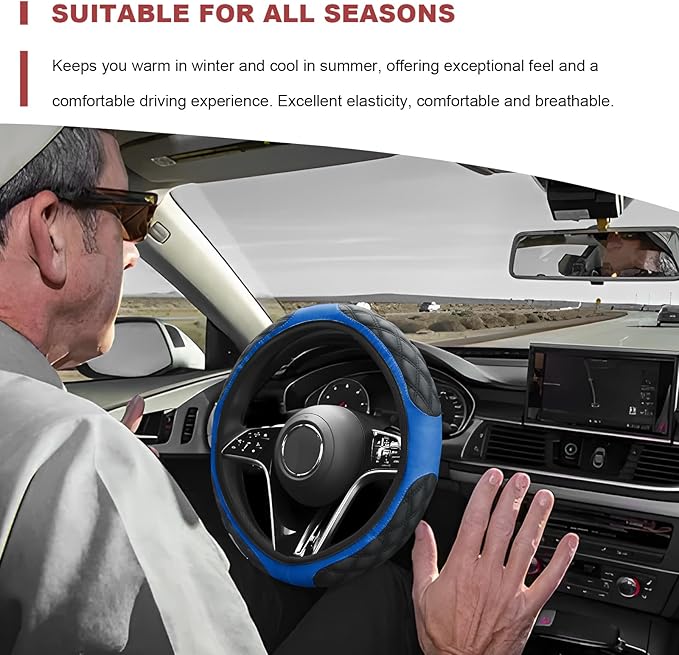 Car Steering Wheel Cover, 15 Inch Elastic Comfortable Auto Steering Wheel Protector, Anti-Slip Leather Wheel Cover Fashionable Interior Accessories for Most Cars Trucks SUVs (Blue)