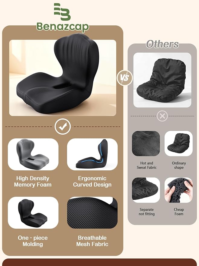 Benazcap Memory Foam Seat Cushion with Lumbar Support Pillow for Office Chair, Car & Gaming Seat, Wheelchair, Ergonomic Design for Sciatica & Tailbone Pressure Relief, Black
