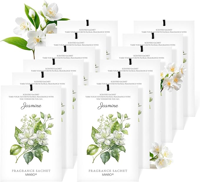MYARO 12 Pack Jasmine Scented Sachets for Drawer, Closet & Small Spaces Air Freshener Bags, Odor Eliminator for Car, Shoes, Bathroom Home Fragrance Gift Set