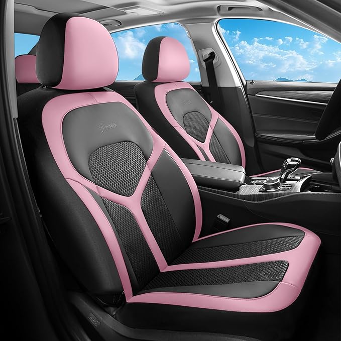 FLORICH Car Seat Covers Full Set, Universal Seat Cover 5 Seats, Automotive Seat Covers with Mesh Leather, Waterproof Car Seat Protector, Breathable Car Seat Cushion for Most Car SUV Truck, Pink