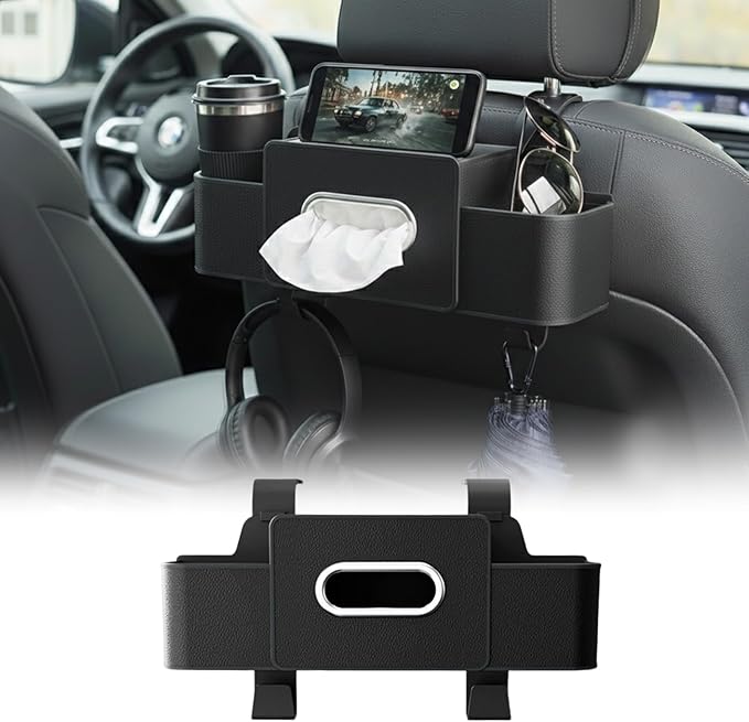 Multifunctional 3‑in‑1 Car Seat Back Storage Box Organizer with Cup Holders, Tissue Box Slot & Headrest Hooks – Backseat Car Organizer for Phones, Snacks, Drinks, Bags, Travel Storage (Black)