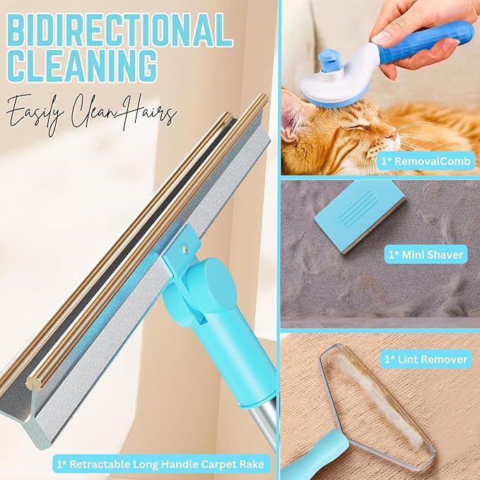Carpet Rake for Pet Hair Removal Tool 5-in-1 Set Includes Retractable Carpet Rake, Grooming Brush, Hair Scraper, Hooks & Lint Removers for Carpets, Rugs, Furniture & Car Interiors